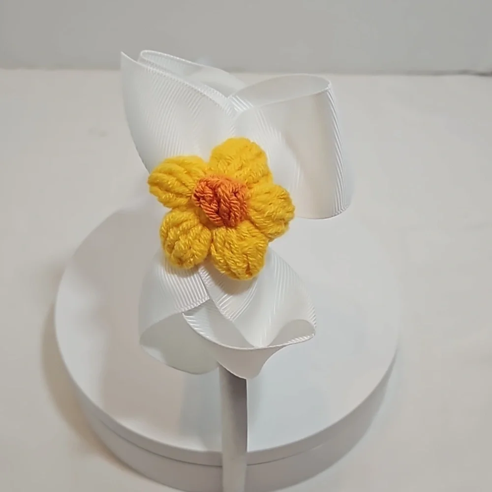 Hand Crafted White Bow Hairband Hand Knit Crochet Yellow Puffy Flower Coquette